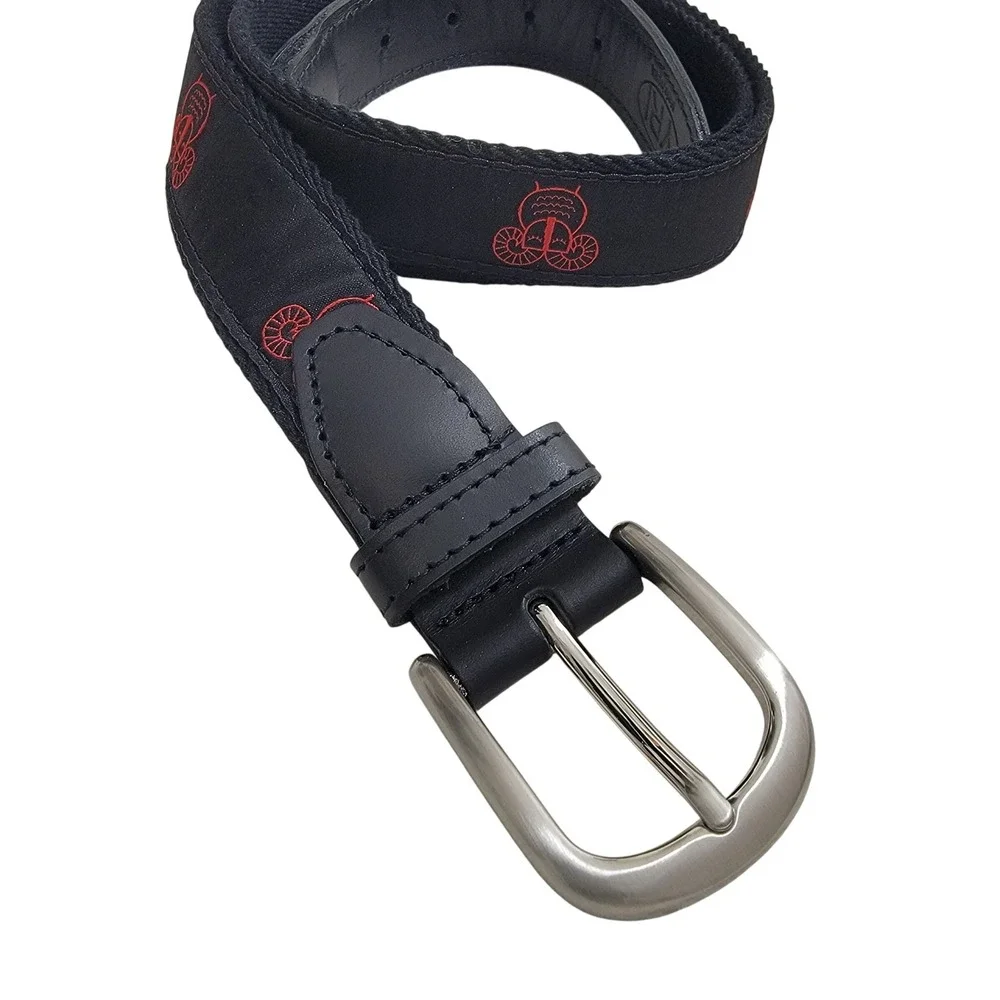 YRI Mens Belt Black Canvas Red Ram Design Solid Brass Buckle Made in USA‎ 38/95
